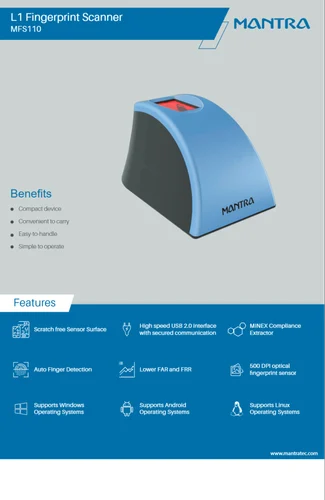 Mantra Mfs 110 L1 Fingerprint Scanner